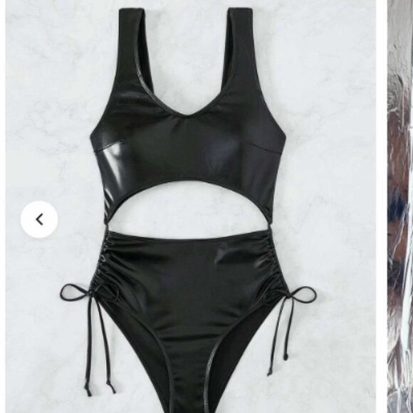 Cut Out Drawstring Side PU One Piece Swimsuit - Picture 3 of 4